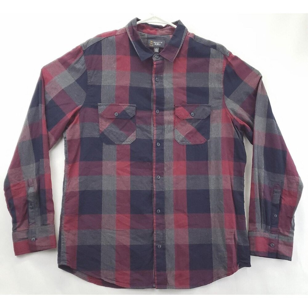 Wallin & Bros Shirt Mens Large Red Blue Gray Flannel Plaid 100% Cotton Button-Up
